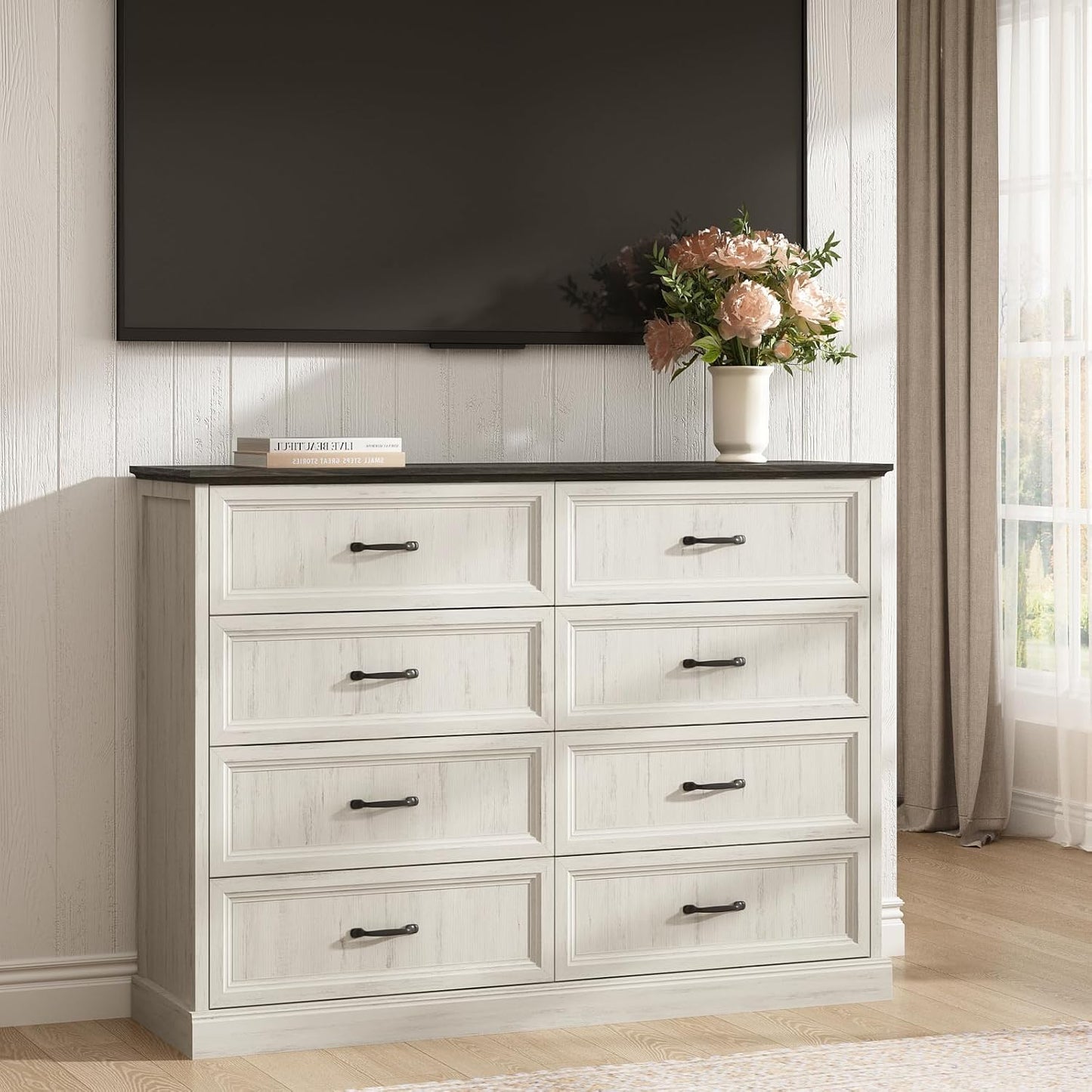 CARPETNAL Farmhouse 8 Drawer Dresser for Bedroom, 55" Wide Modern White Dresser TV Stand with Large Drawers & Bar Handles, Rustic Wood Chest of Drawers for Bedroom, Living Room, Hallway, Entryway.