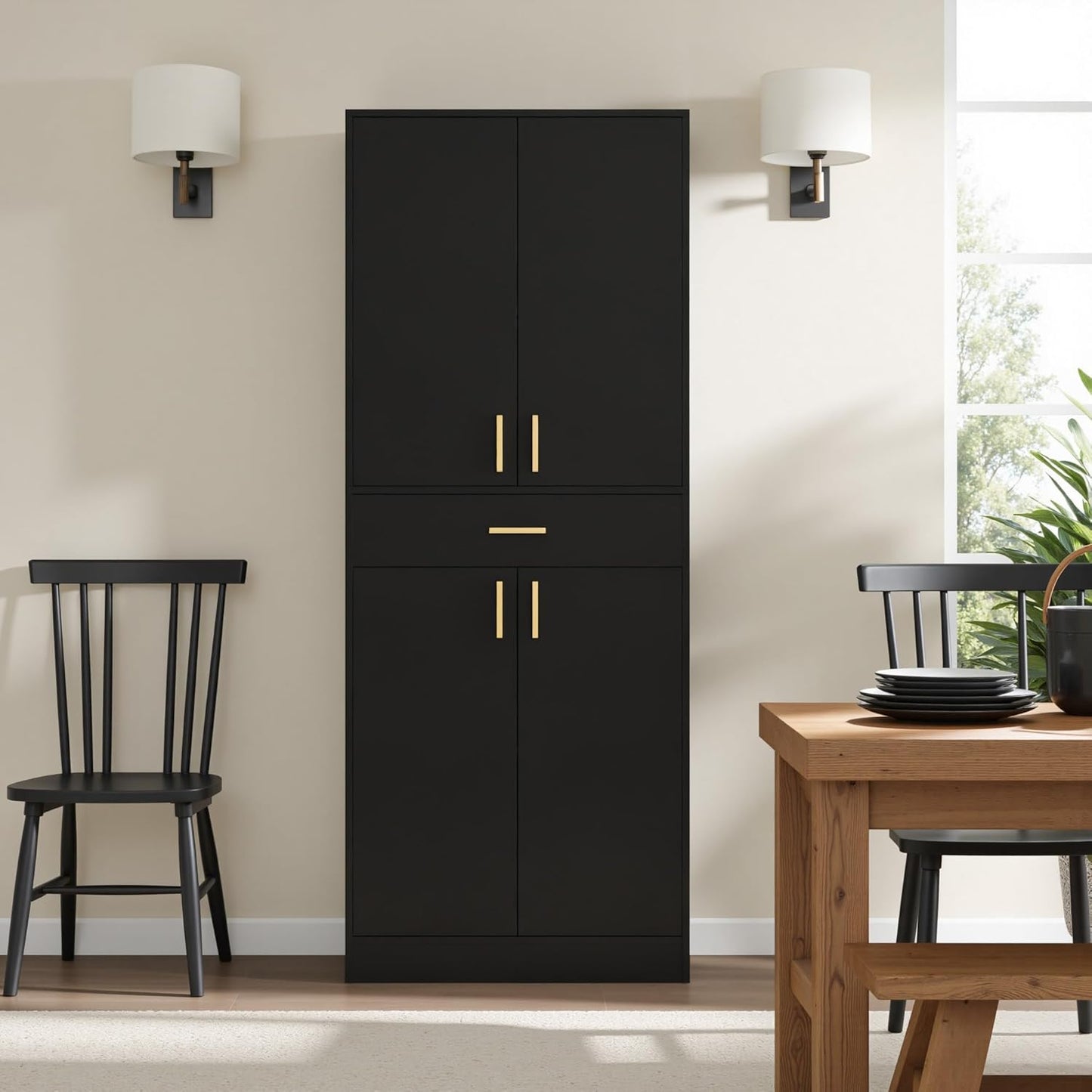 Cozy Castle Pantry Cabinet, 71" Tall Kitchen Storage Cabinet with Doors and Shelves, Freestanding Wood Cupboard Utility Hutch with Drawer for Dining Room Living Room Bathroom Furniture, Black