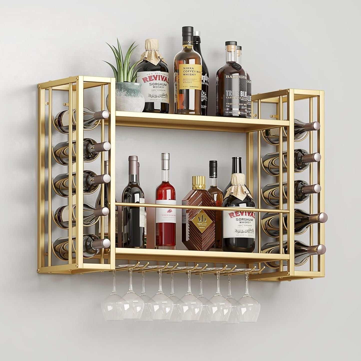 Wall Mounted Wine Rack, Hanging Floating Bar Liquor Shelves with Glass Holder, Metal Bottle Holder Wine Storage Display Shelf for Home Bar, Gold (40”W x 9.8”D x 21.65”H)
