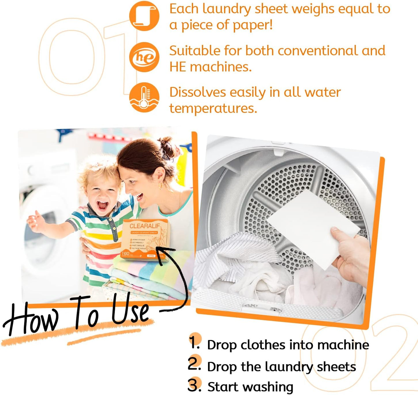 CLEARALIF Laundry Detergent Sheets Up to 160 Loads, Orange - Great For Travel, Apartments, Dorms,CLEARALIF Laundry Detergent Strips Eco Friendly & Hypoallergenic