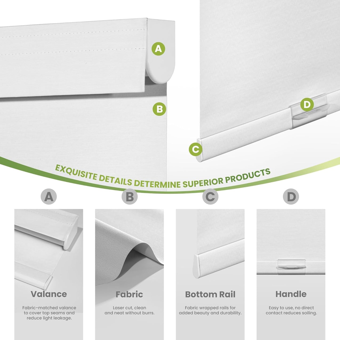 Blackout Roller Shades for Indoor Windows, Cordless Jacquard Fabric-Matched Roller Blinds, Easy to Install Privacy UV Protection Roll Up Blinds for Home Office, Pure White, 33" W x 72" H