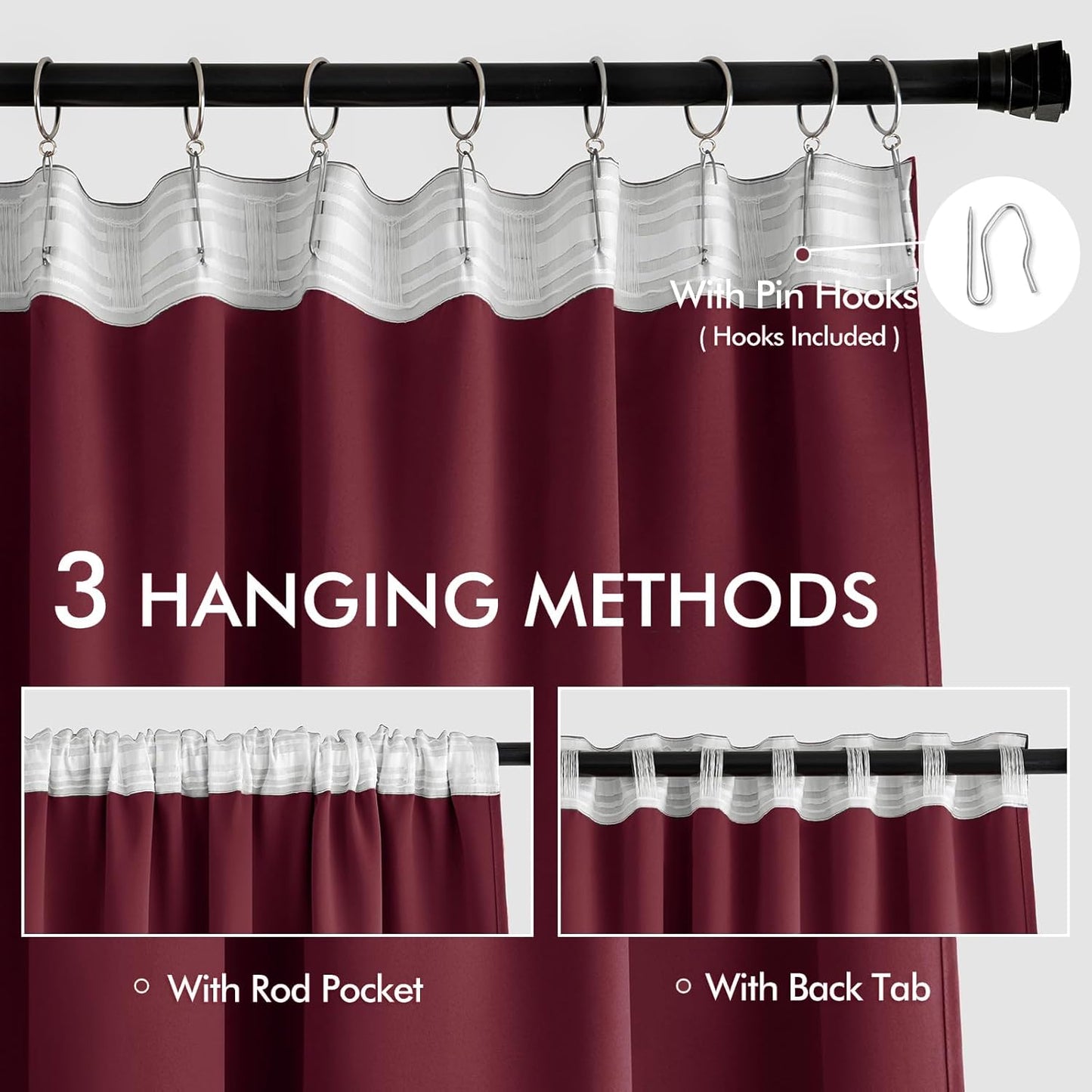MIULEE Wine Red Back Tab Blackout Curtain 96 Inch Long 2 Panels Set for Bedroom, Rod Pocket/Pinch Pleat Thermal Insulated Living Room Darkening Pleated Light Blocking Floor to Ceiling Drape