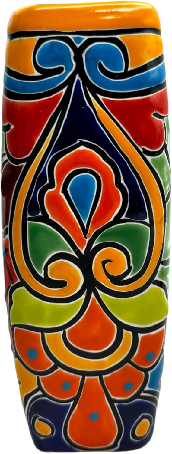 Talavera Planter Pot Square Vase Folk Art Mexican Pottery Handmade Hand Painted Home Decor Indoor Multicolor Outdoor 9.25" (Yellow Multi)