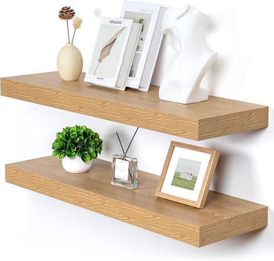 Deep Floating Shelves for Wall, 35.4W x 11.6D Rustic Large Wall Shelves Set of 2, 11.6 Inch Deep Oak Shelves 35.4 Inches Long, Bookshelf Laundry Shelf TV Shelf