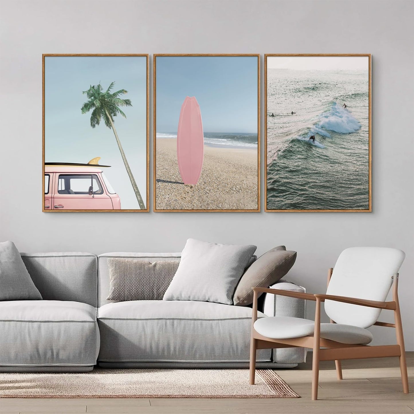 Tinonedraw Large Ocean Beach Framed Canvas Wall Art, Summer Coastal Surfboard Wall Decor, Palm Tree Pink Car Artwork, Modern Surfing Seascape Art Prints for Living Room Bedroom Office 16"x24"x3