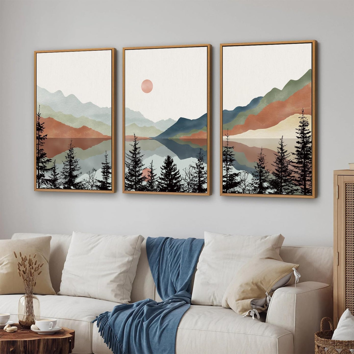 Tinonedraw Boho Mountain Framed Canvas Wall Art Set, Watercolor Nature Landscape Wall Decor, Black Pine Forest Artwork, Modern Sunrise Art Prints for Living Room, Bedroom, Office 16"x24"x3