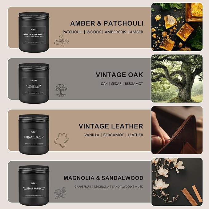 Scented Candles Set | Candle for Men, Soy Candles for Home Scented, Gifts for Men - Mens Gifts, 4 Pack Candle Gift for Dad Fathers Day (Leather/Vintage Oak/Amber Patchouli/Magnolia & Sandalwood)