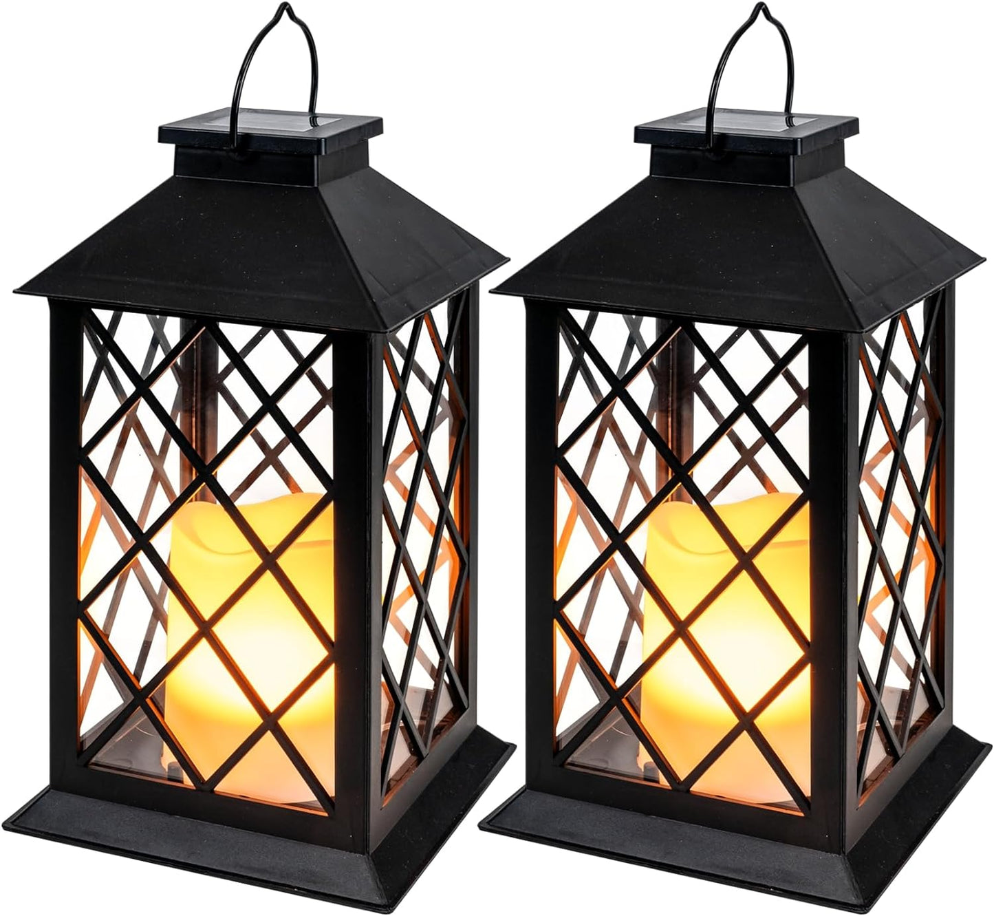 Homemory Solar Lanterns Outdoor Waterproof Hanging with Flickering Flameless Candles, 2 Pack 13'' Garden Outdoor Lantern Decorative for Patio Front Porch Backyard Balcony Cabin Outside Table(Black)