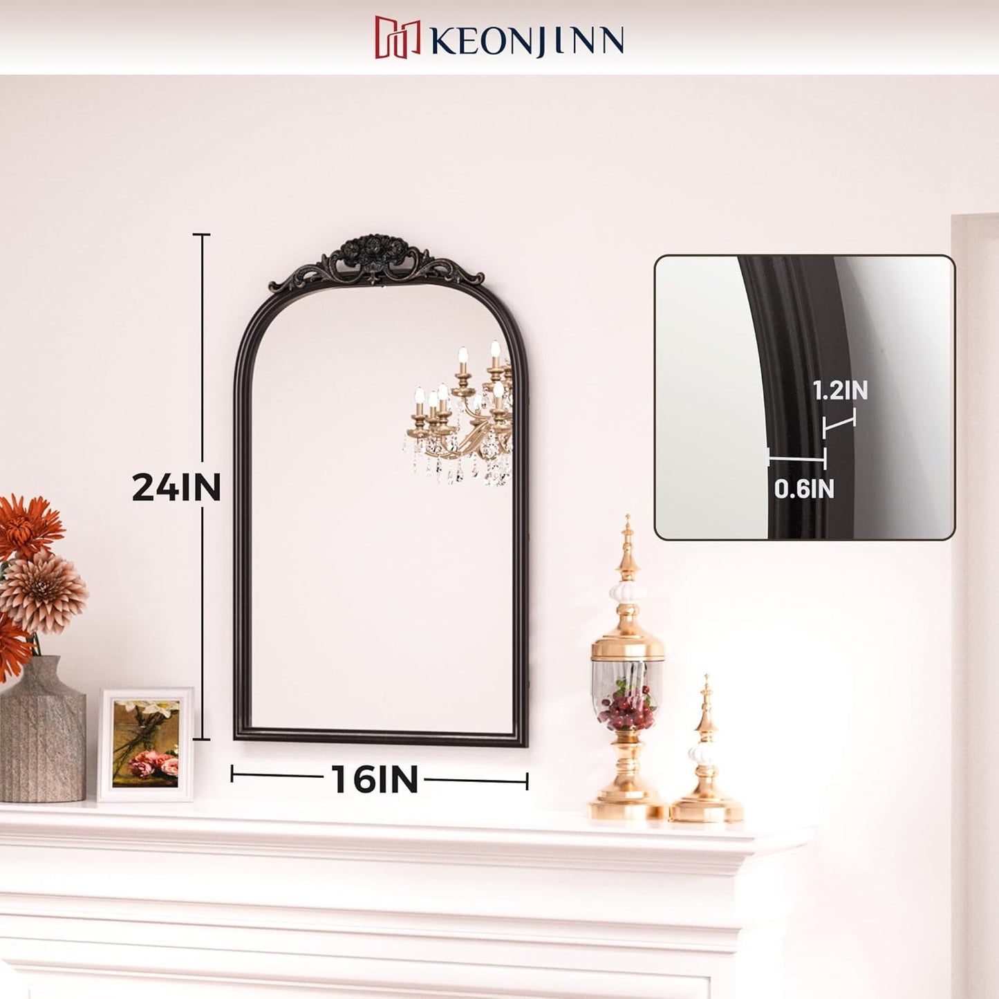 Keonjinn Black Vintage Arched Mirror for Wall, 16" x 24" Antique Mirrors with Metal Frame, Baroque Style Decoration for Mantle, Bathroom, Living Room, Fireplace, Bedroom, French Cleat Mounting