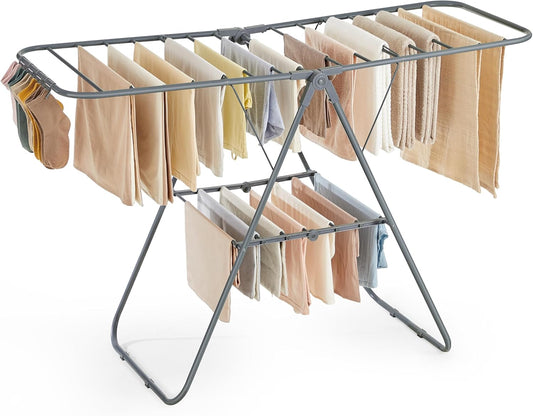 SONGMICS Clothes Drying Rack, with Sock Clips, Metal Laundry Rack, Foldable, Space-Saving, Free-Standing Airer, with 2 Height-Adjustable Gullwings, Indoor Outdoor Use, Gray ULLR052G01