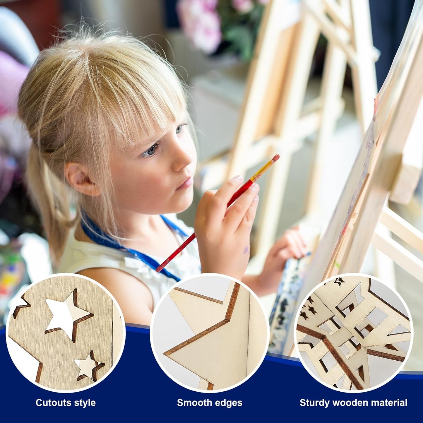 COCHIE DIY 3D 4th of July Stars Wood Crafts to Paint for Kids Adults, Paintable Unfinished Wooden Slices for Craft, Memorial Day Veterans Day Star Cutouts Ornaments for Painting Decorations (24 PCS)