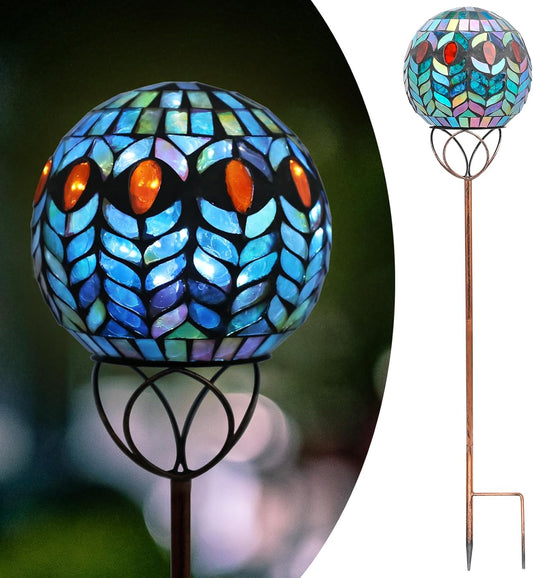 Afirst Solar Outdoor Garden Lights Decorative - Mosaic Solar Stakes Gazing Ball Waterproof Outdoor Lights Stakes for Pathway Yard Lawn Decoration(Green)
