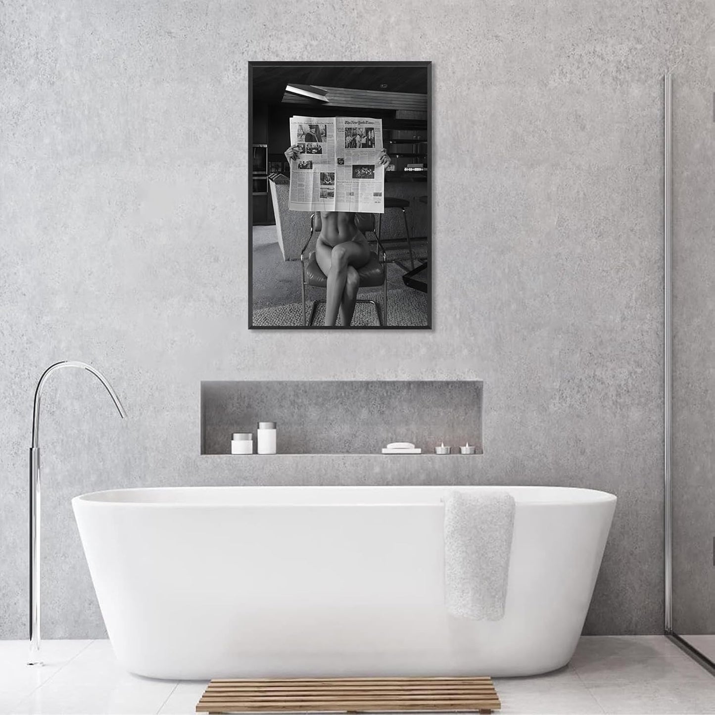 Sexy Glamorous Reader Poster Feminist Art Black and White Preppy Canvas wall art Retro Room Aesthetic Newspaper prints painting Trendy Naked Women Art wall decor 12x16in Framed