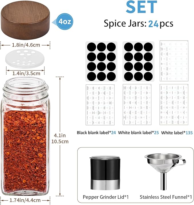 Yangbaga 24Pcs Glass Spice Jars with Labels-4oz Acacia Wood Lid Square Spice Containers and 2pcs Rack with Pepper Grinder Lids &Funnel,Seasoning Jars for Rack Cabinet Drawer