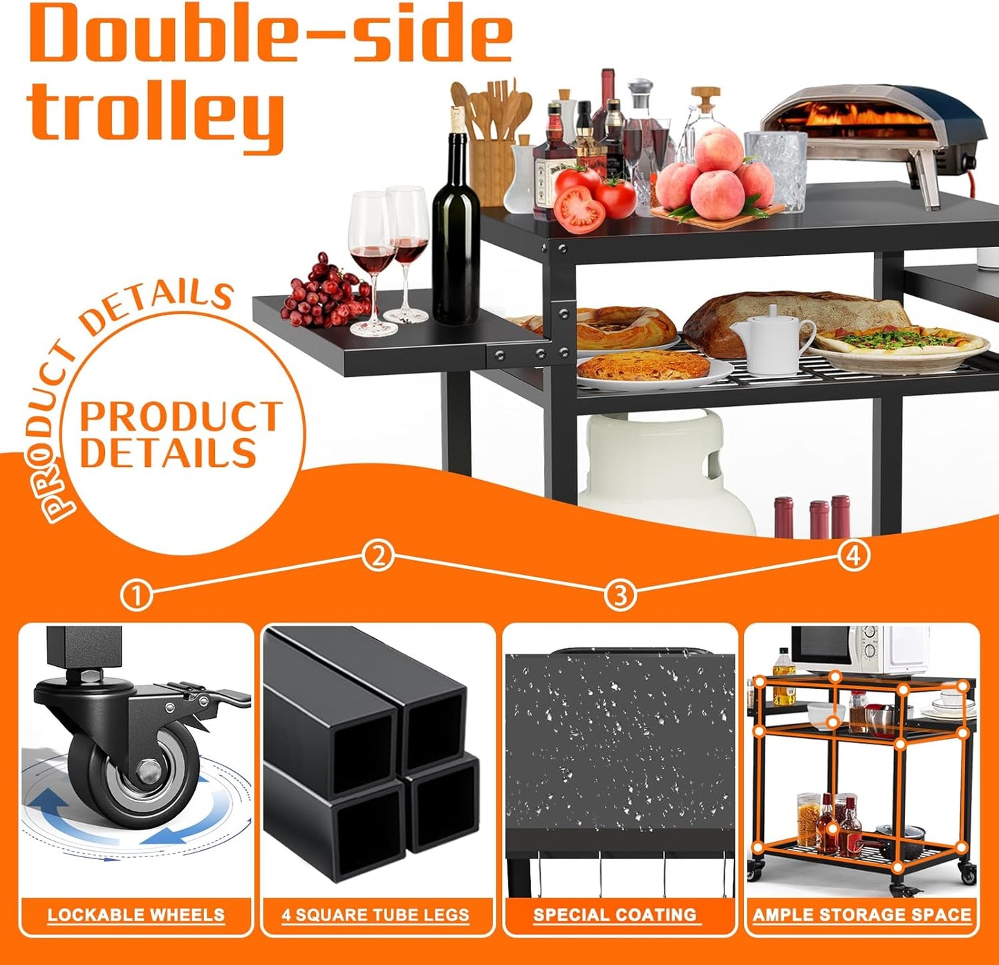 Outdoor Grill Table, Movable Grill Cart for Blackstone Griddle, Pizza Oven Stand for Onni, Kitchen Cooking Prep Table BBQ Cart for Party, Bar, Camping