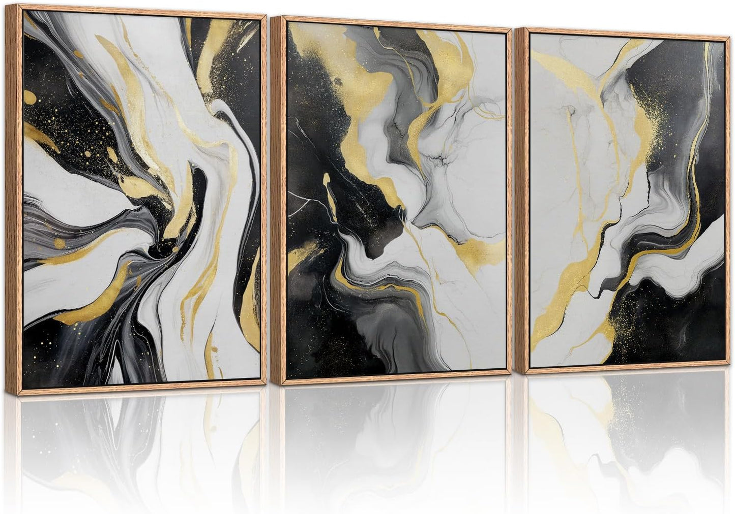 HLNIUC Abstract Gold and Black Framed Canvas Wall Art,Large Neutral Black and White Wall Decor Set of 3(16”x24”)Modern Gold Foil Framed Painting,Textured Marble Fluid Art Print for Living Room,Bedroom