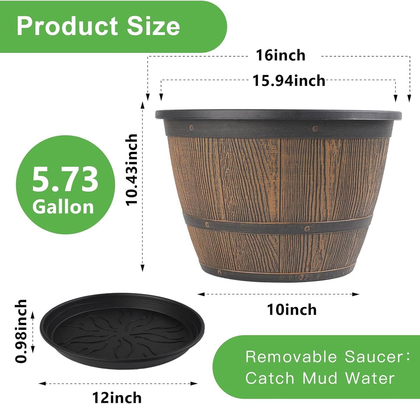 16-inch-Plant-Pots-Indoor-Outdoor, 4 Pack Large Whiskey Barrel Planters with Drainage Holes & Saucer, Plastic Flower Pots Imitation Wine Barrel Design, Decorative Garden Pots for Plants