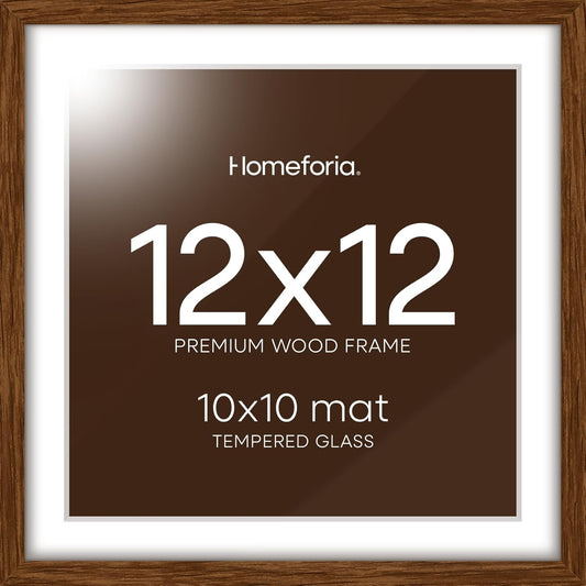 Homeforia 12x12 Frame Brown Wood, High End Dark Oak 12 x 12 Square Picture Frame with Mat 10 x 10 for Photo, 12by12 Wooden Walnut Poster Frame Matted to 10x10 Print, Tempered Glass, Wall Kit, Set of 1