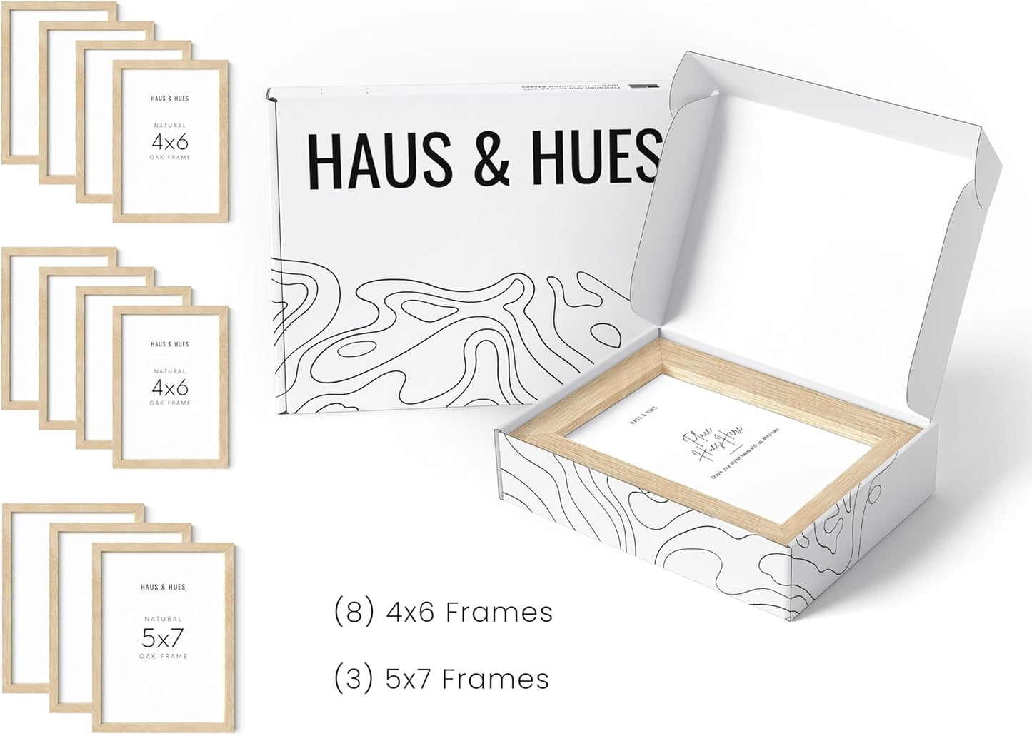 HAUS AND HUES Natural Oak Wood Gallery Wall Tabletop Frames Made with Real American Oak and Shatter-free Plexiglass - Set of 11 (Eight 4x6, Three 5x7, Framed Beige)