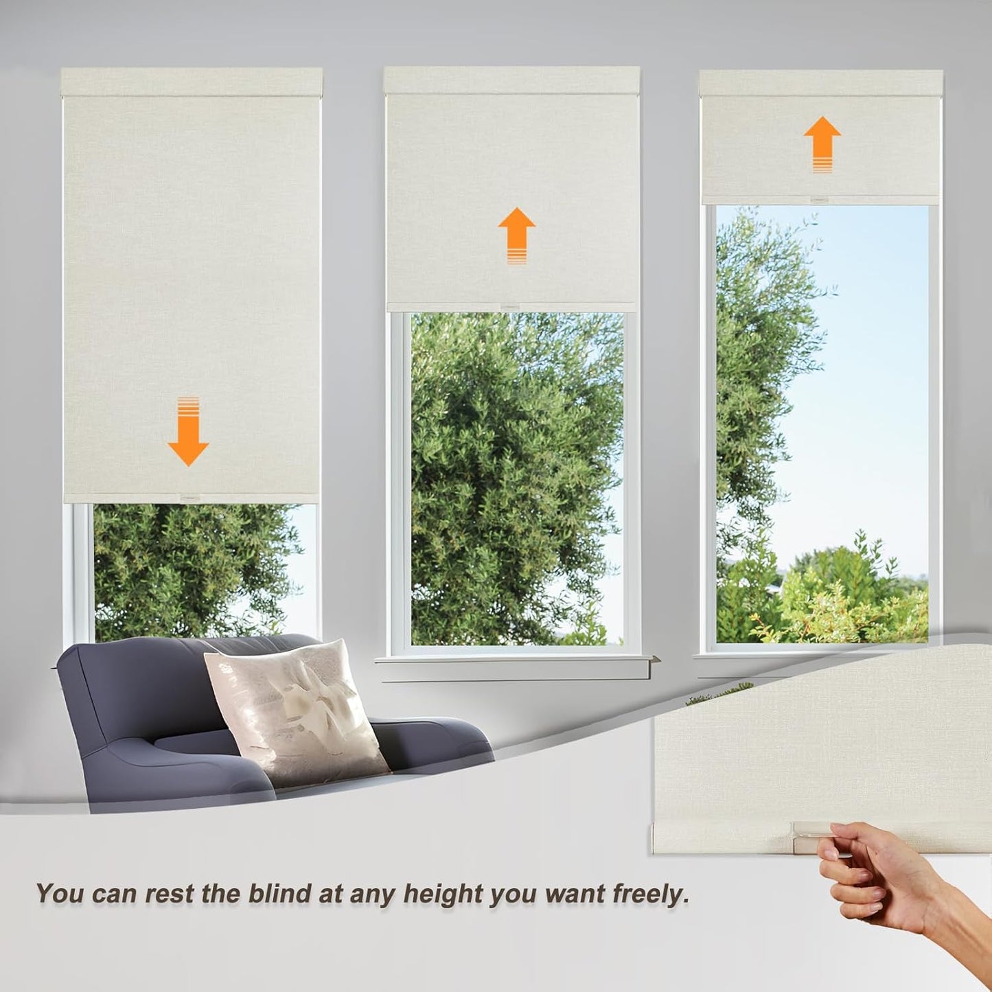 Persilux Blackout Shades for Windows Cordless Roller Blinds, Roller Windows Shades for Home with Fabric Attached Valance, UV Protections Easy Installation for Door/Office, Limestone(25" W x 72" H)