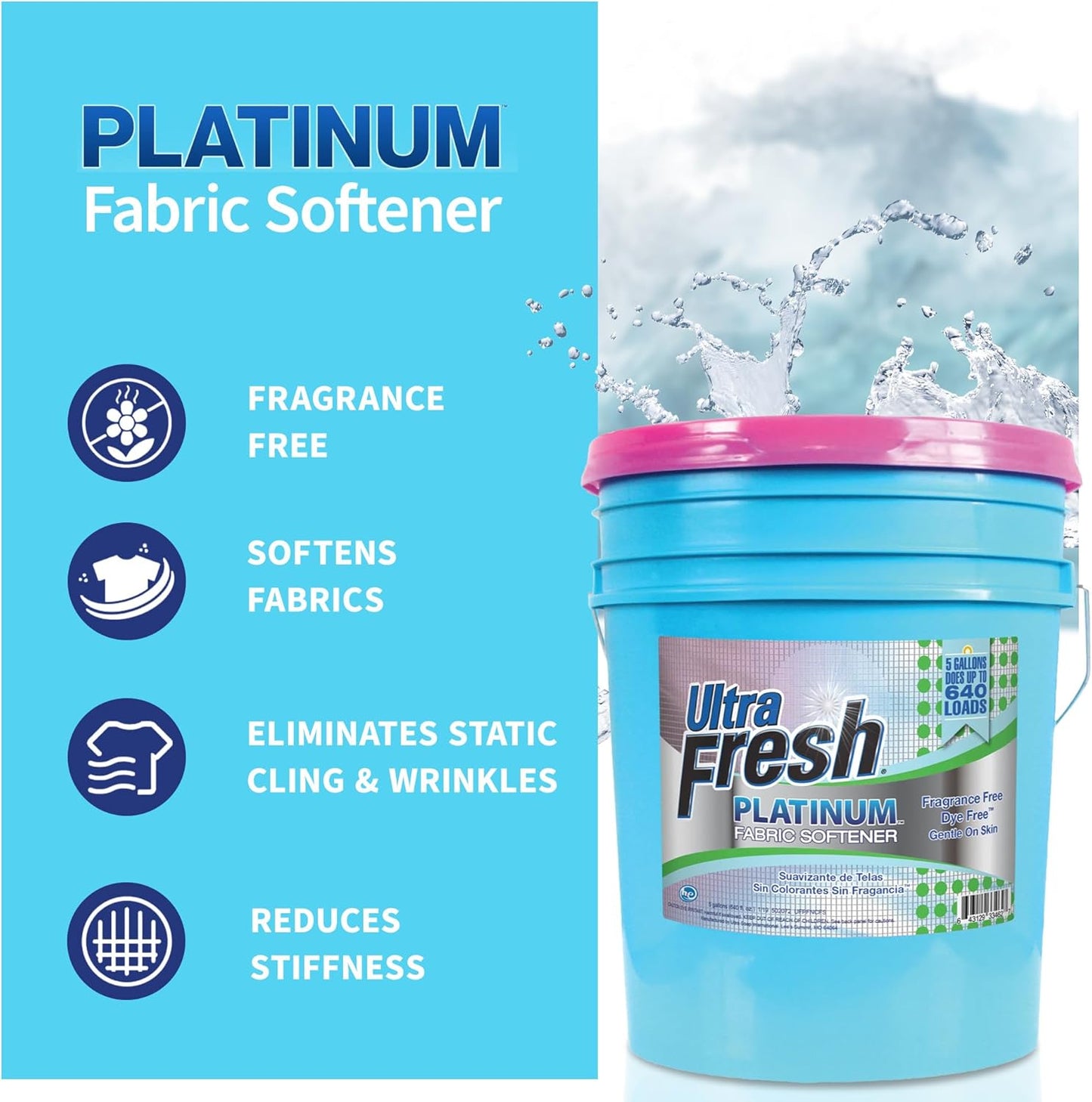 Ultra Fresh 5 Gallon Platinum Fabric Softener for All Machine Types, Liquid Laundry Softener, Up to 640 Loads, Fragrance & Dye Free