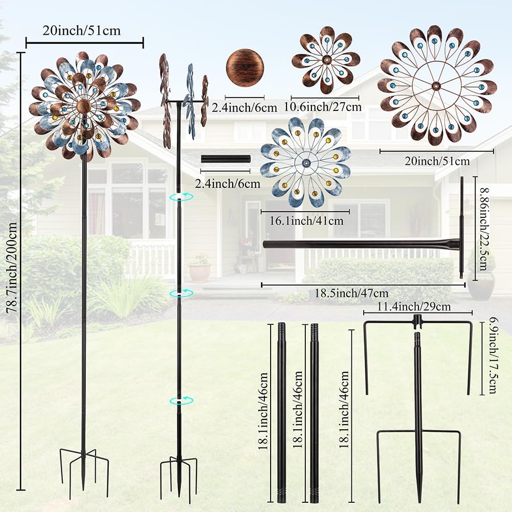 DREAMYSOUL Wind Spinner Outdoor, 20" Dia Large Metal Windmills with Blue and Copper Blades, Kinetic Wind Spinners & Sculpture for Yard and Garden