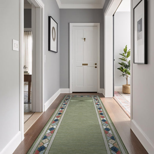 Beverly Rug Outdoor Runner Rug 2x7 Modern Floral Bordered Area Rugs for Indoor and Outdoor Patio Easy to Clean Non Shedding Living Room Porch Garden Washable Outside Carpet (2 x 7 Green)