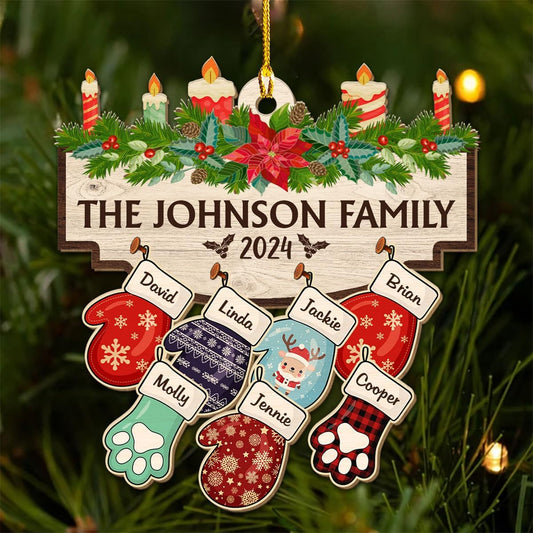 Family with Pet Ver 2 - Personalized Custom Wood Ornament, Family Gloves Christmas Ornament 2024, Xmas Ornament Gifts for Family Tree Decoration (A06, 3 Names)