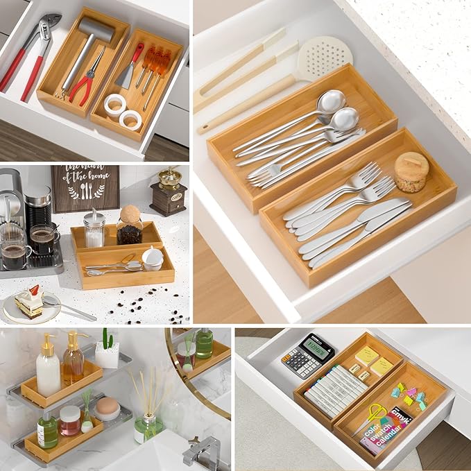 Silverware Tray for Drawer, Stackable Kitchen Bamboo Drawer Organizer 12" x 6" x 2" Set of 2