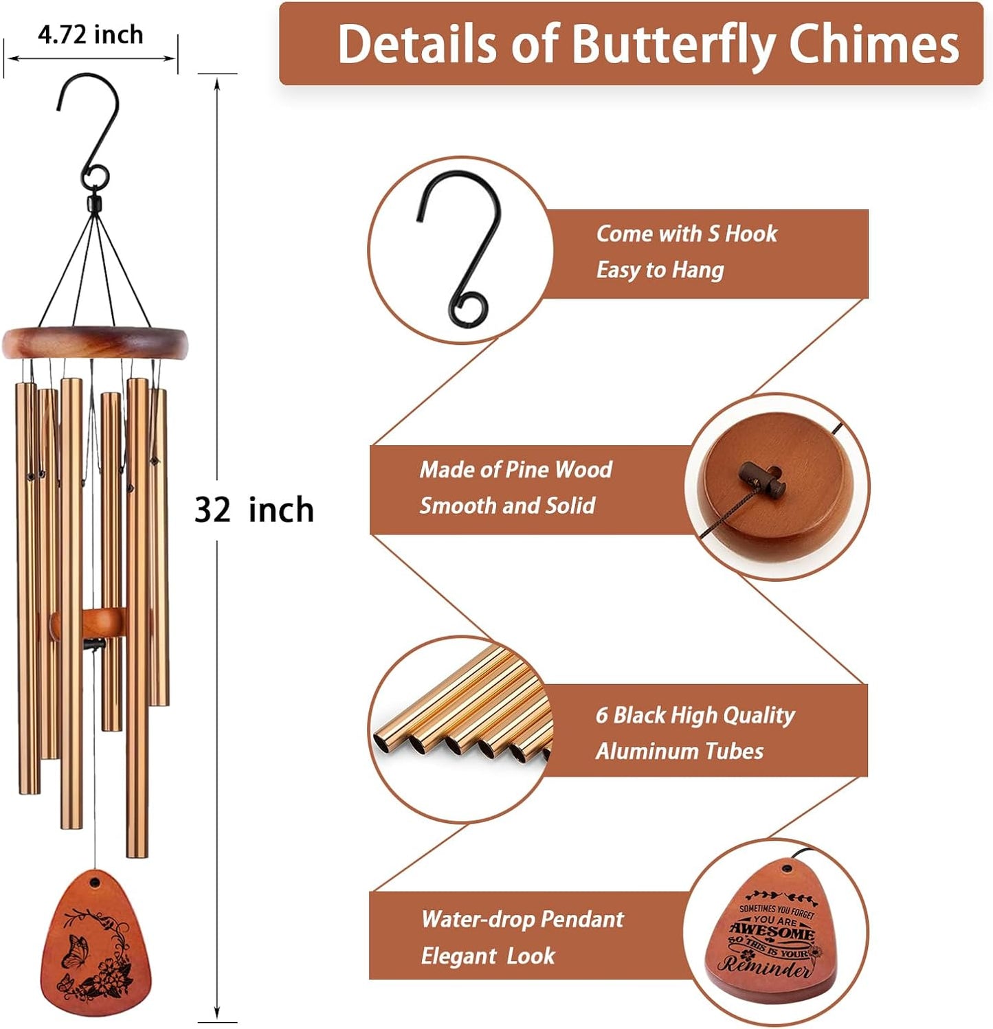 Wind Chimes for Outside, 32" Butterfly Windchime for Outdoor, Butterfly Gifts for Mom Sister, Garden Patio Gift Ideas for Women Friend Co-Worker (Golden)