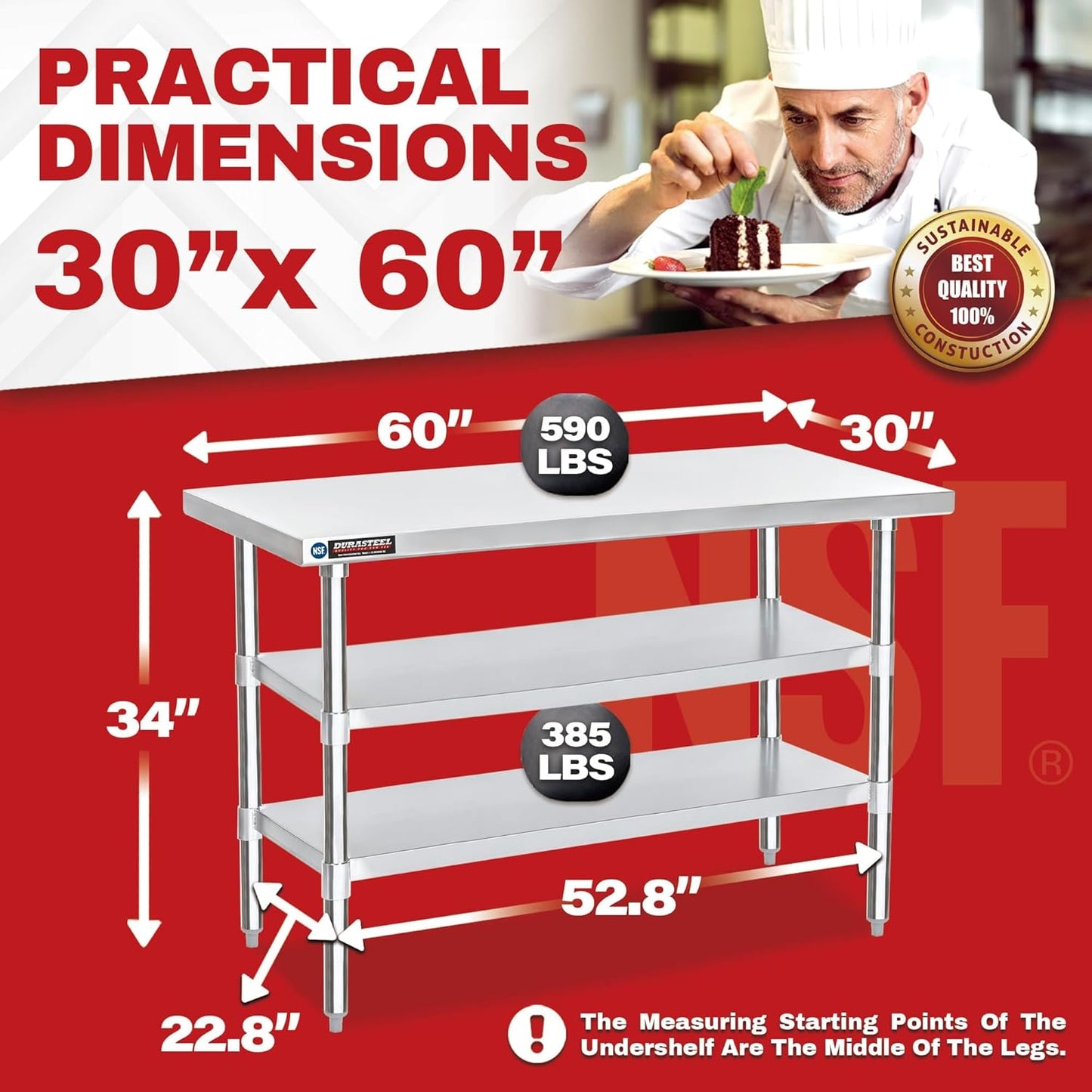 DuraSteel Food Prep Stainless Steel Table - 30 x 60 Inch Commercial Metal Workbench with Adjustable Under Shelf - NSF Certified - for Restaurant, Warehouse, Home, Kitchen, Garage