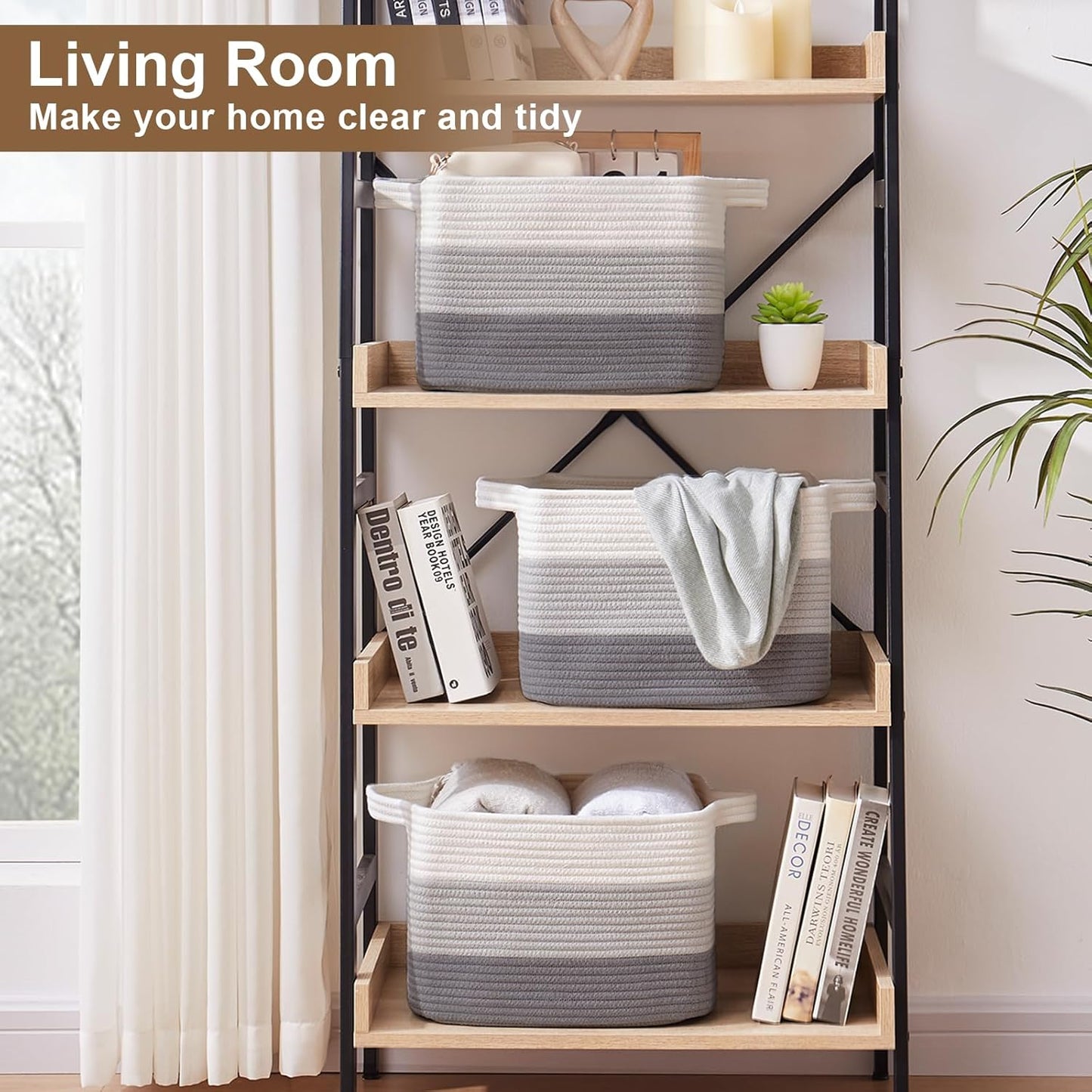 Storage Basket for Organizing, Woven Baskets for Storage, Rectangle Decorative Baskets for Shleves, Closet, Toys, Books, Nursery Organizer Bins - Pack of 3 (Gradient Gray)