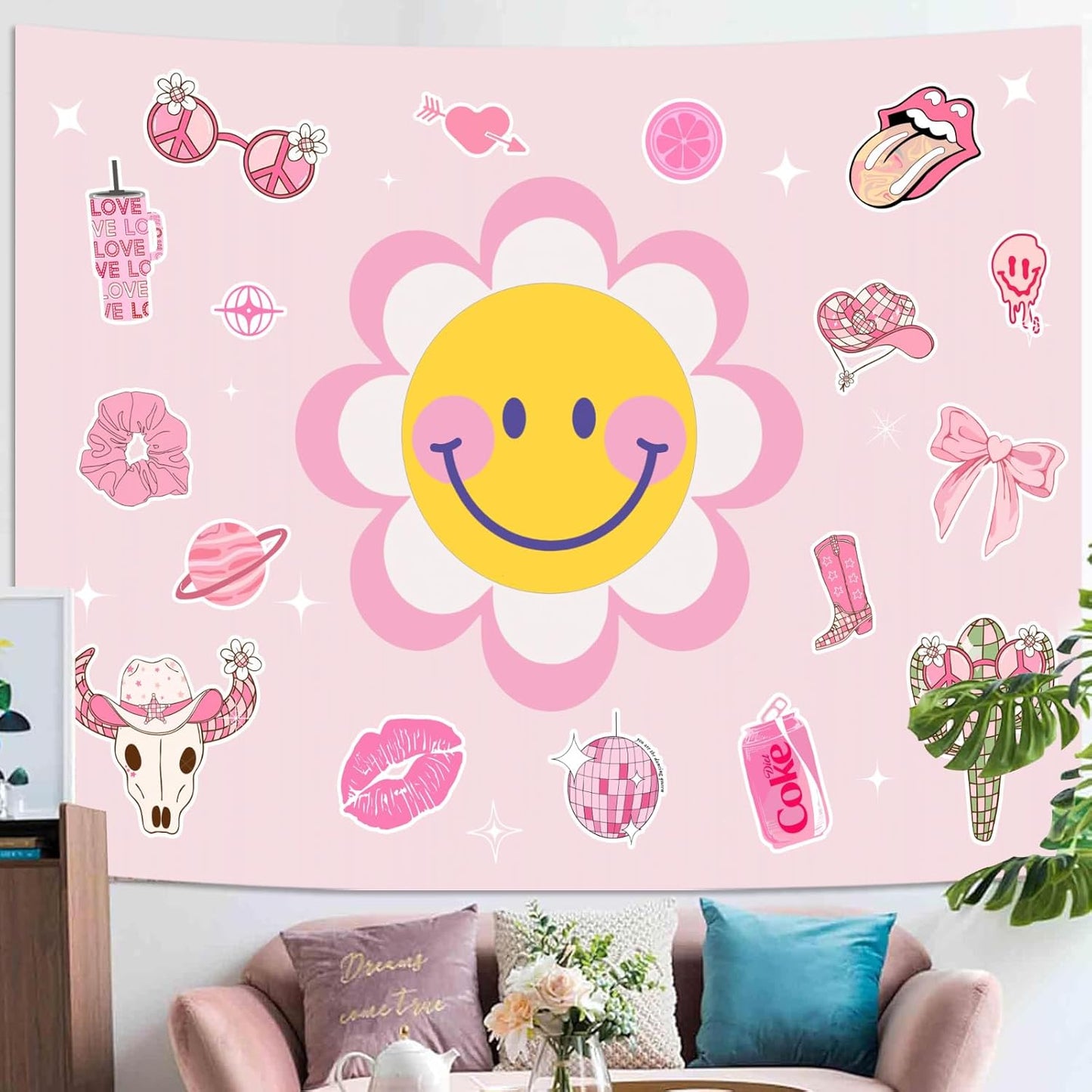 Lunerfex Y2K Tapestry Pink Sun Wall Tapestry, Cute Tapestries for Bedroom Funny Tapestries Wall Hanging for Bedroom Living Room Decor Pink-7 44"x60"