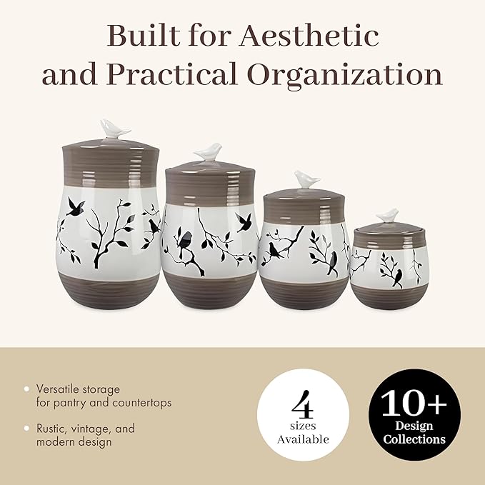 Young's Inc. 4 Pcs Set Botanical Ceramic Canisters- Storage Container for Kitchen and Bathroom - Beautiful Home Decor Accent to Store Food, Coffee, Tea, and More - Brown, White