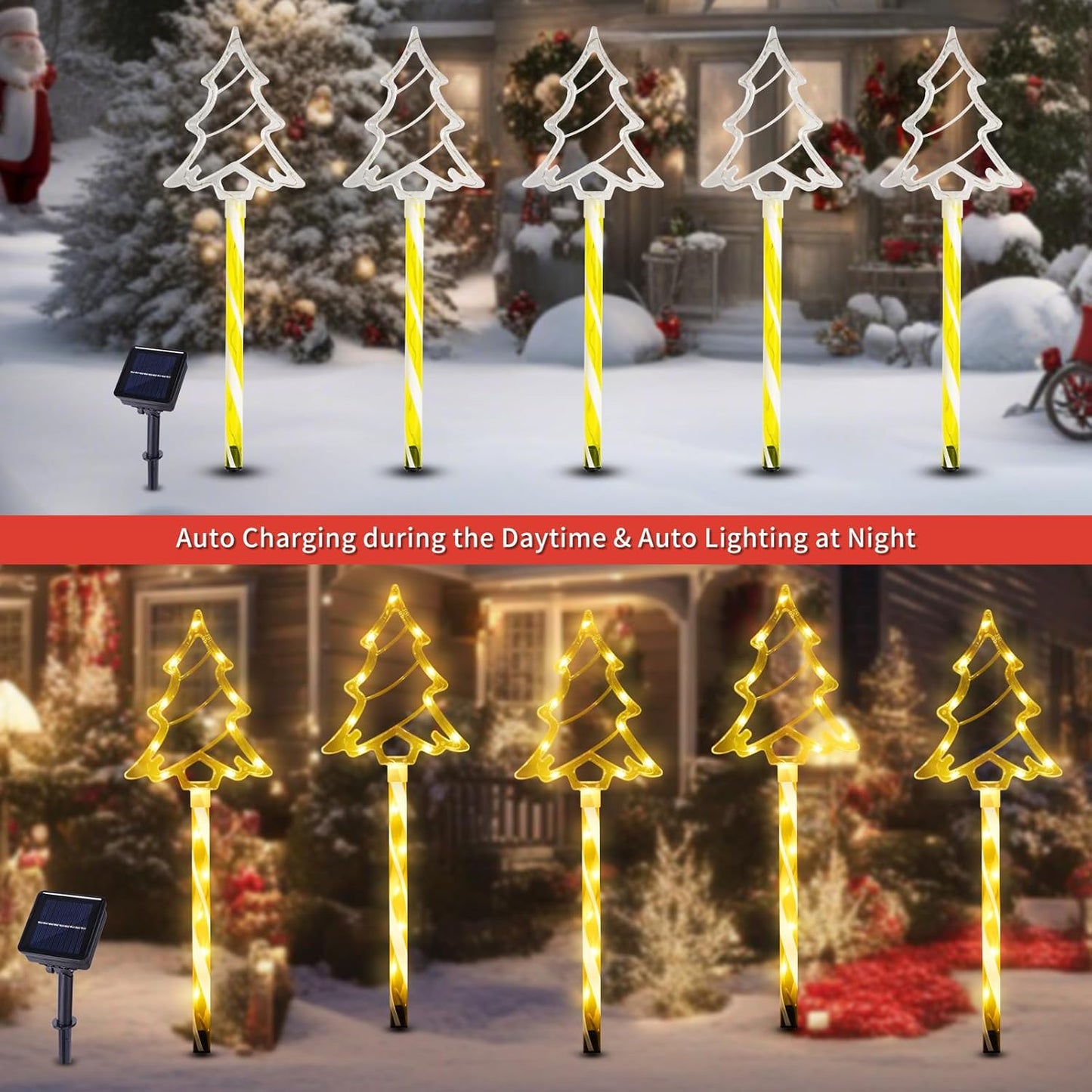 Christmas Solar Pathway Lights Outdoor Decorations, 8 Modes Xmas Tree Candy Lights Waterproof Led Garden Stake Light for Walkway Yard Lawn Porch Holiday Decor 5-Pack (Yellow Tube Tree, 5 Pack)