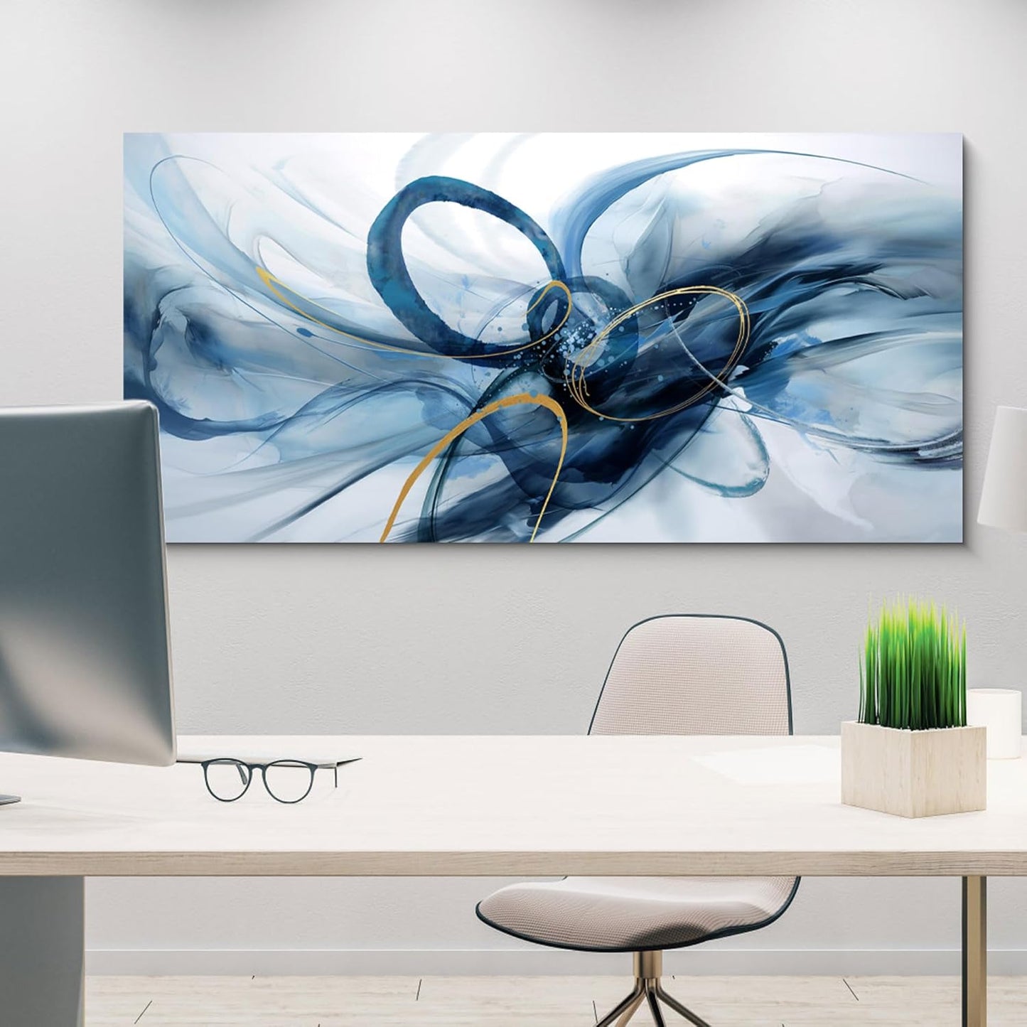 XLSJERST Extra Large Canvas Wall Art - Modern Abstract Abstract Wall Art for Living Room Wall Decor Blue and White Picture Artwork for Living Room Office Bedroom Home Decoration