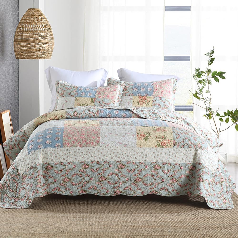 Cotton Bedspread Quilt Bedding Sets 3 Pieces Reversible Coverlet Sets Comforters Green Rose Floral Patchwork Bedspread, Queen Size