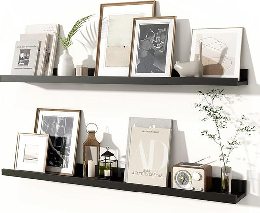 Fun Memories Picture Ledge Shelves Set of 2, 36 Inch Rustic Wall Mounted Floating Shelves with Lip for Home Storage and Décor in Bathroom, Kitchen, Nursery, Bedroom, Living Room, Black