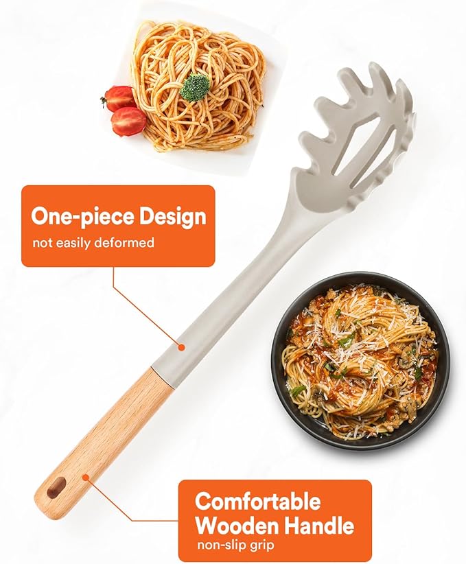 Silicone Pasta Fork, Kitchen Heat Resistant Noodle Spoon Server, BPA Free Spaghetti Strainer,12.8 inch (Khaki)