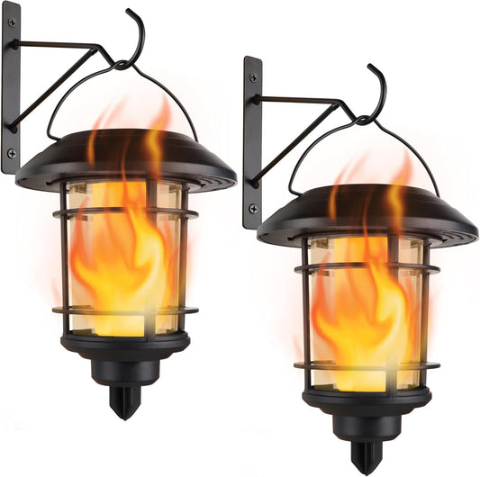 Dynaming Solar Flame Wall Lanterns, Outdoor Solar Wall Hanging Lights, Flickering Flame LED Lights Auto On/Off Wall Mounted Sconce Lights with Hooks, Waterproof for Garage Stair Patio Porch, 2 Pack