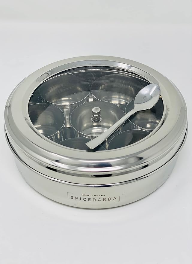 spice dabba Stainless Steel Indian Spice Box, Steel Masala Dabba, Double Lid Spice Container | Gift for Chefs | Size 8x8x2 In (Spice Box Only)
