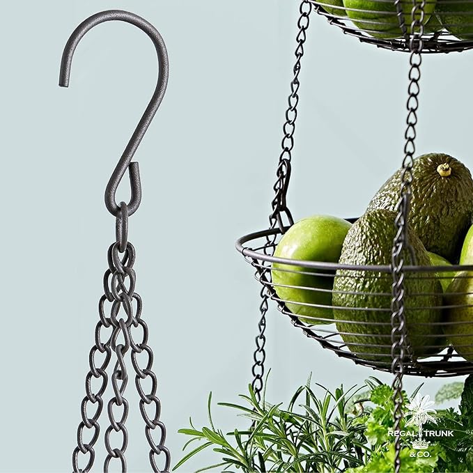 REGAL TRUNK & CO. 3 Tier Hanging Fruit Basket, Farmhouse Wire Basket, Three Tier Fruit Basket for Kitchen for Vegetables, Bread & More, Metal Chain, Hanging Hook and Detachable Round Wire Baskets