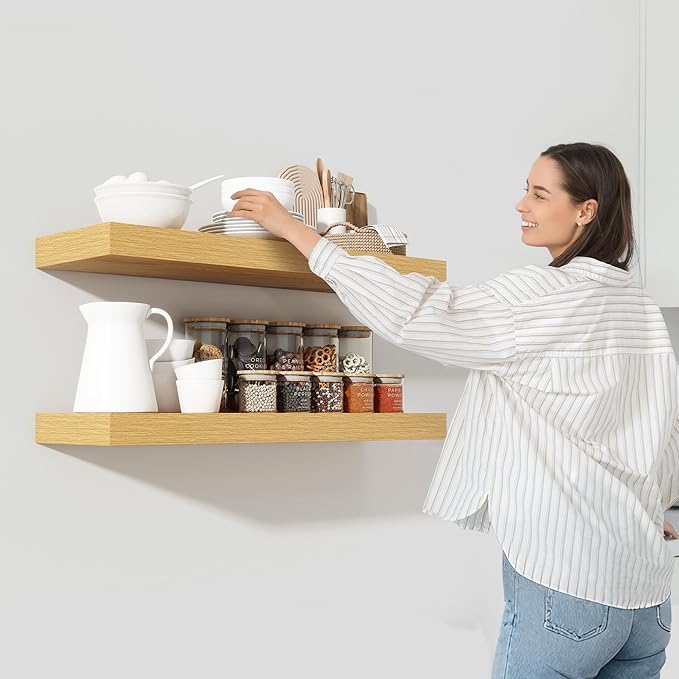 Heimlove 48" Floating Shelves for Wall,10 Deep Rustic Wood Storage Wall Shelves with Heavy Duty Brackets for Bathroom,Bedroom,Kitchen,Living Room,Office,Set of 2,Oak Color