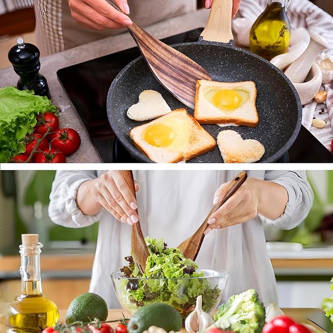 Wooden Spoons for Cooking 9 Pieces Set, Teak Wooden Kitchen Utensil Set, Wooden Cooking Utensils Spoons, Spatulas, Heat-Resistant, Lightweight & Durable, Perfect for Non-Stick Cookware