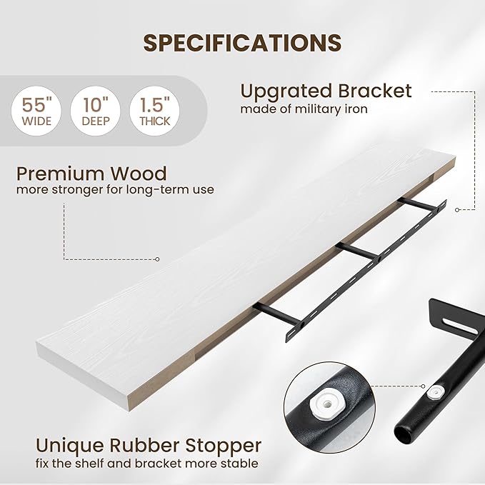 Fun Memories 55 Inch Fireplace Mentel Shelf, 10 Inch Deep Shelves for Display & Wall Storage, Rustic Wood Wall Shelf, Extra Long Floating Shelves for Living Room Laundry Room, White, Set of 1