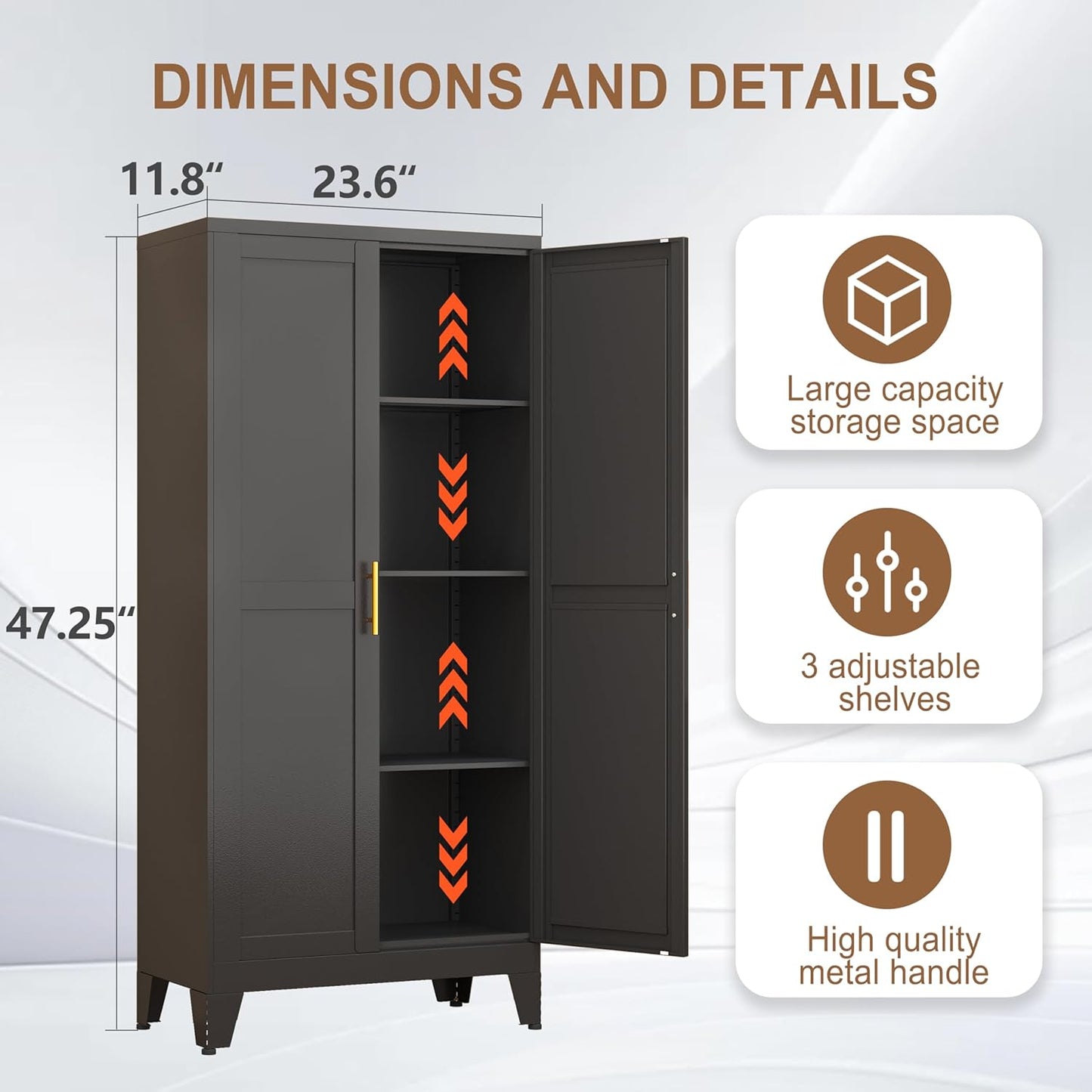 Metal Kitchen Pantry Storage Cabinet with 2 Doors and 3 Adjustable Shelves,Pantry Cabinet with Adjustable Leveling Foot for Kitchen, Living Room, Dining Room（Black）