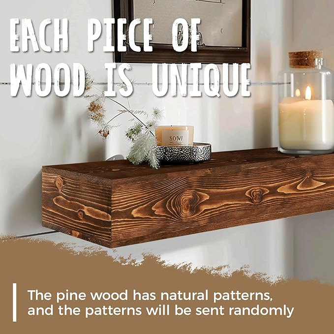 60x8x5 Fireplace Mantel - Handcrafted Hollow Rustic Solid Wood Wall Mounted Floating Shelf with Invisible Heavy Duty Wood Bracket (Weathered Brown)