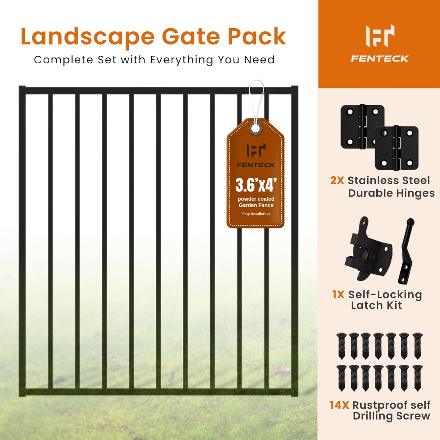 Black Metal Gate, 3.5' W x 4' H, Rustproof Outdoor & Pool Gate, Easy DIY Installation to Iron Fencing, Wood or Brick Walls, Stainless Steel Hinges & Self-Locking Latch