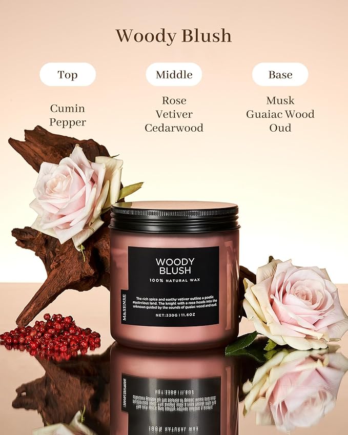 M&SENSE Rose Oudwood Scented Candle, 11.6oz 70 Hours Natural Soy Wax Long Lasting Slow Burning Candles, 2 Wick Relaxing Aromatherapy Gifts for Home Decor