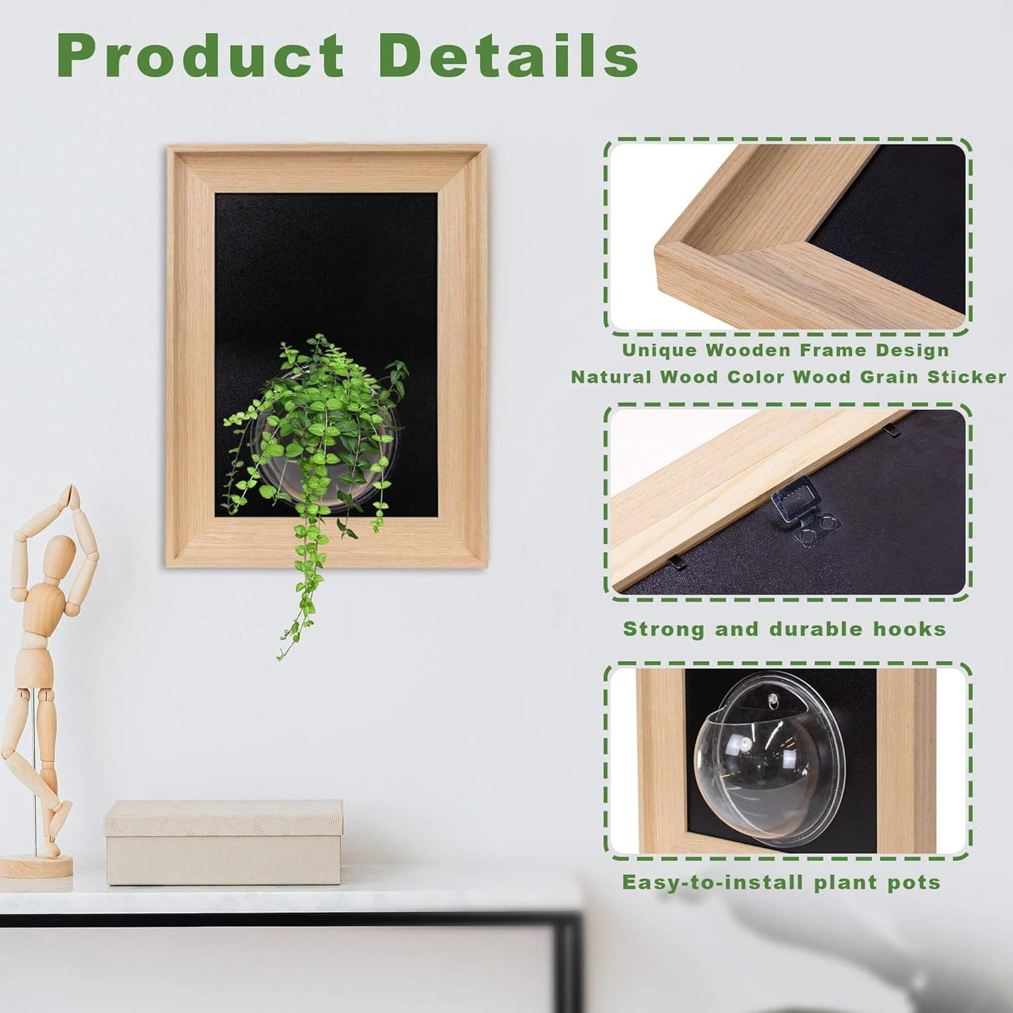 Natural Wooden Frame Wall Hanging Planter for Hydroponic Plants, 12'' x16''inch Wall Vase with Round Acrylic Propagation Station，Bathroom, Office, or Living Room Décor, Set of 3